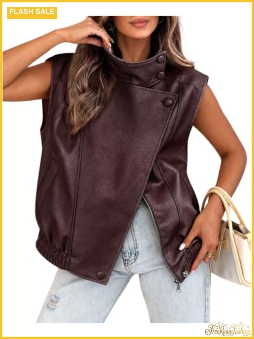 Oversized Faux Leather Vest Sleeveless Stand Collar Biker Jacket